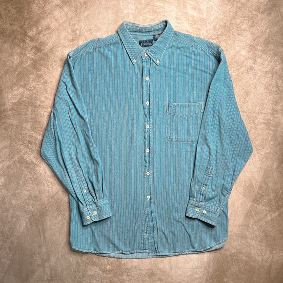 Basic Editions Vintage Striped Button Up Shirt Long Sleeve Blue Tan Men's XL 90s - Picture 1 of 6